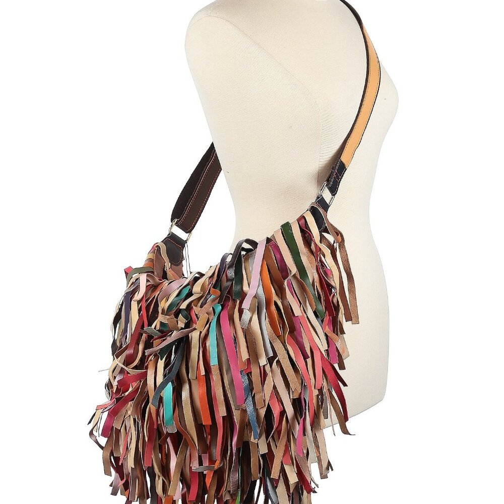 Colorful leather fringed handbag NWT